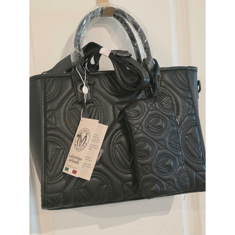 Valentino Orlandi Black Quilted Tote Bag Crossbody with Pouch V-4001G Gunmetal